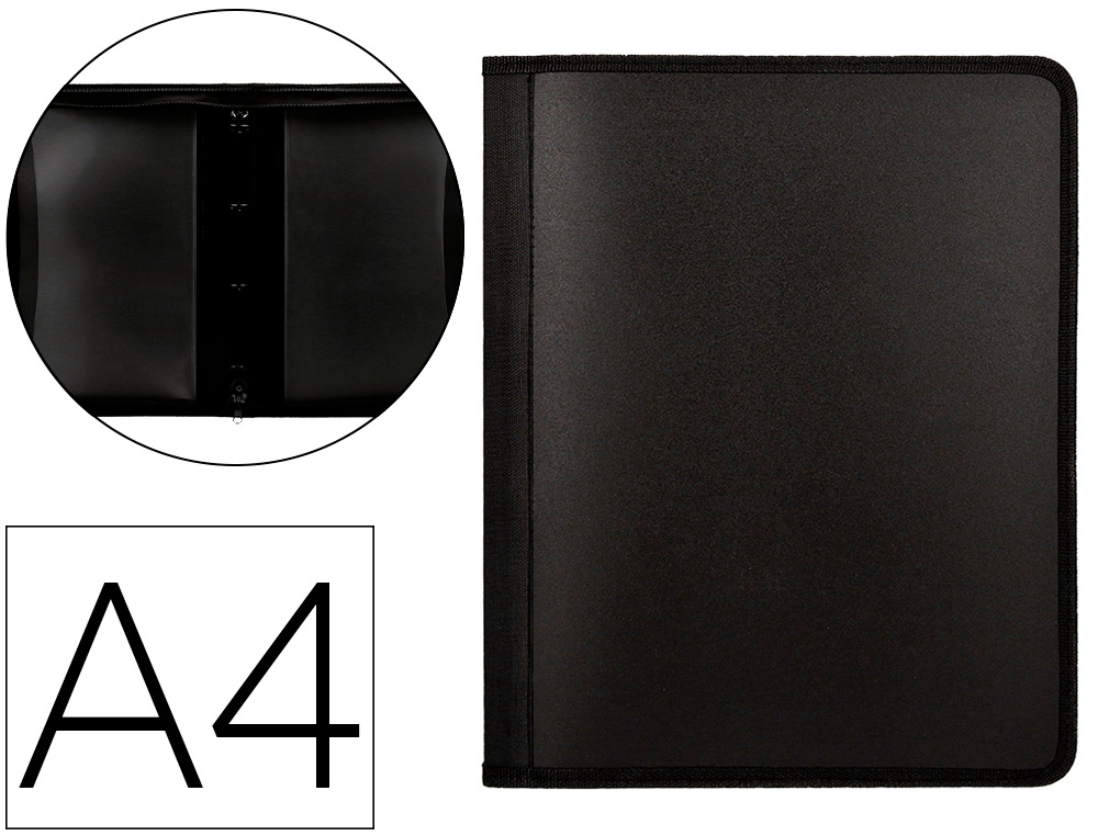 CARPETA LIDERPAPEL 4 ANILLAS 25 MM POLIPROPILENO CIERRE CREMALLERA 4 BOLSILLOS INTERIORES CON RIBETE COLOR NEGRO