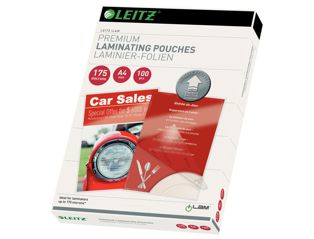 BOLSA DE PLASTIFICAR LEITZ DIN A4 175 MC CAJA DE 100 UNIDADES