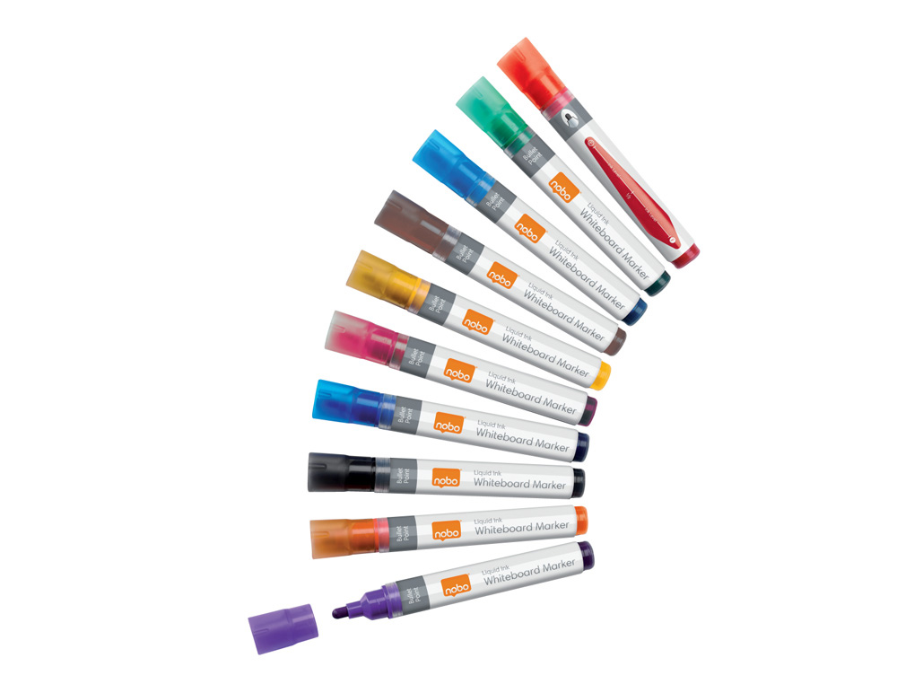 ROTULADOR NOBO PARA PIZARRA BLANCA TINTA LIQUIDA PUNTA CONICA 3 MM COLORES SURTIDOS CAJA DE 10 UNIDADES