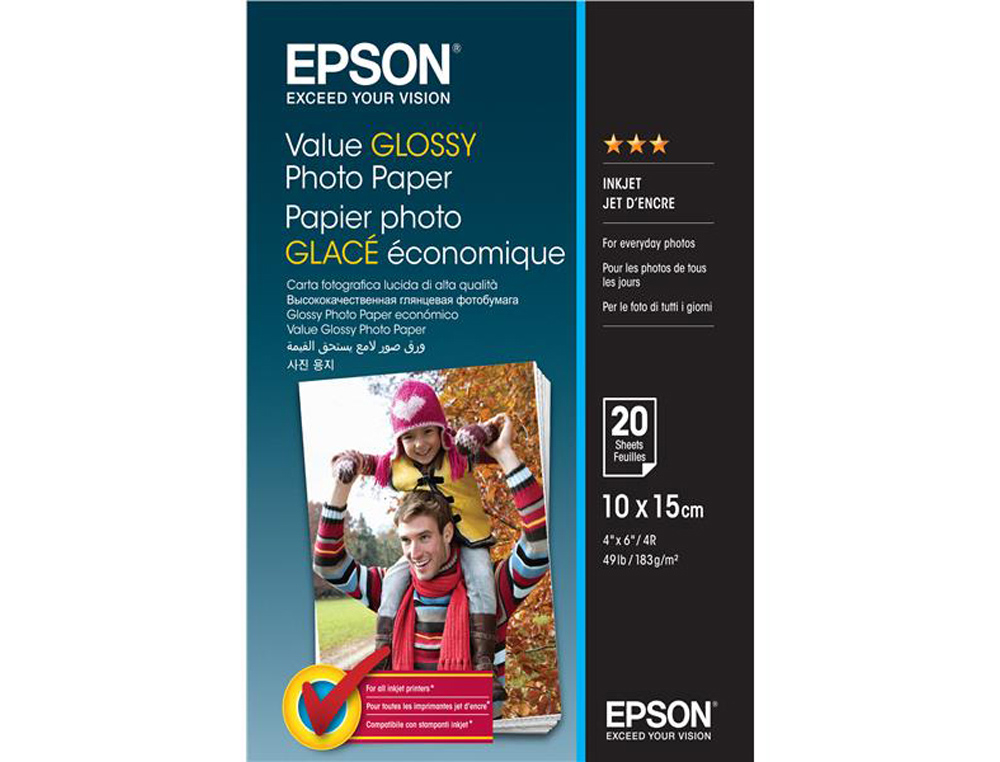 PAPEL FOTOGRAFICO EPSON BRILLO 10X15 183 GR CM PACK DE 20 HOJAS
