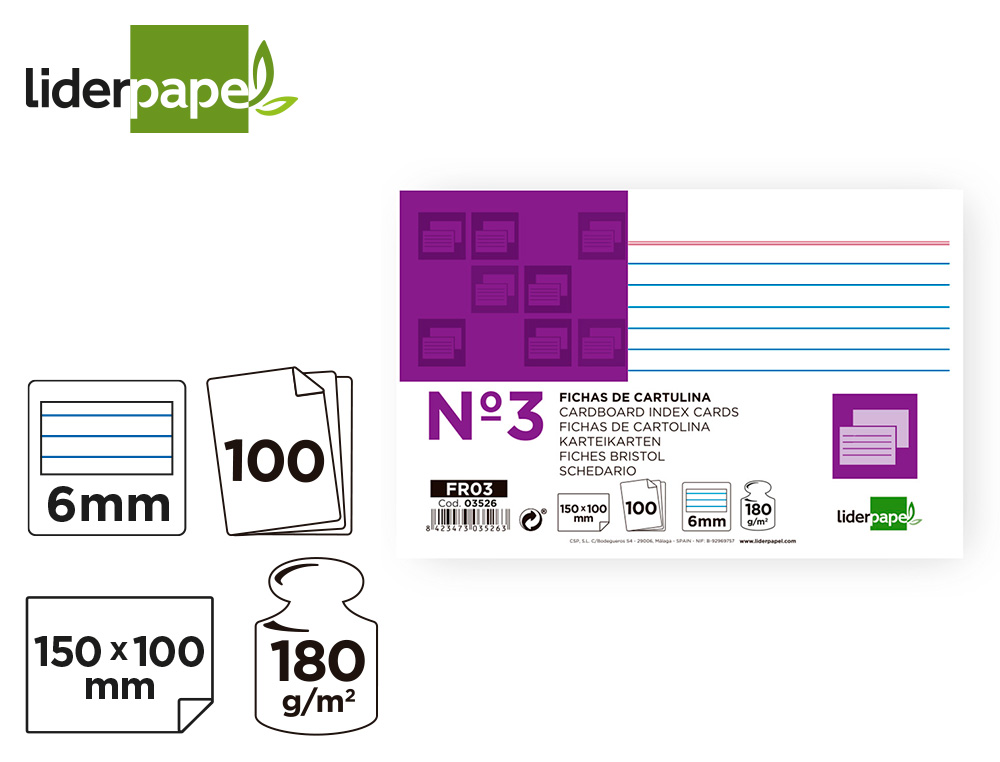 FICHA LIDERPAPEL RAYADA N3 100X150 MM 180G/M2 PAQUETE DE 100 UNIDADES
