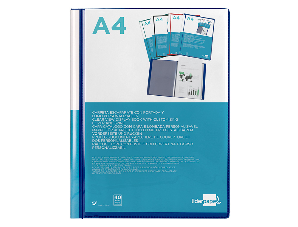CARPETA LIDERPAPEL PERSONALIZA 40 FUNDAS CANGURO POLIPROPILENO DIN A4 AZUL TRANSLUCIDO PORTADA Y LOMO