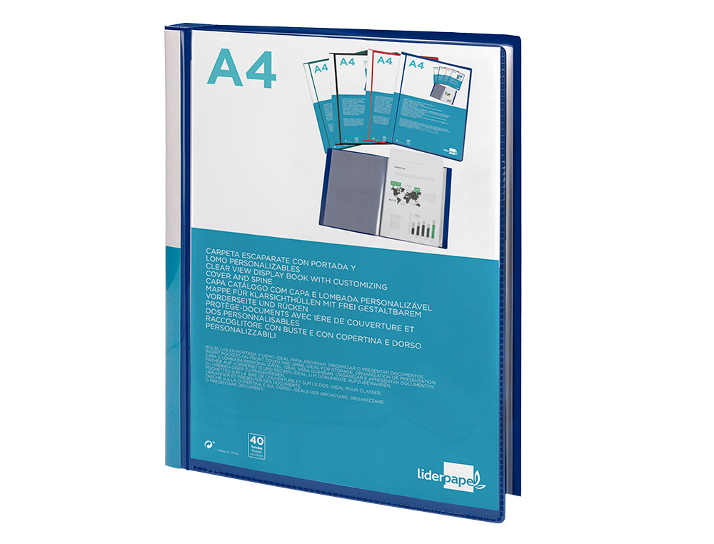 CARPETA LIDERPAPEL PERSONALIZA 40 FUNDAS CANGURO POLIPROPILENO DIN A4 AZUL TRANSLUCIDO PORTADA Y LOMO