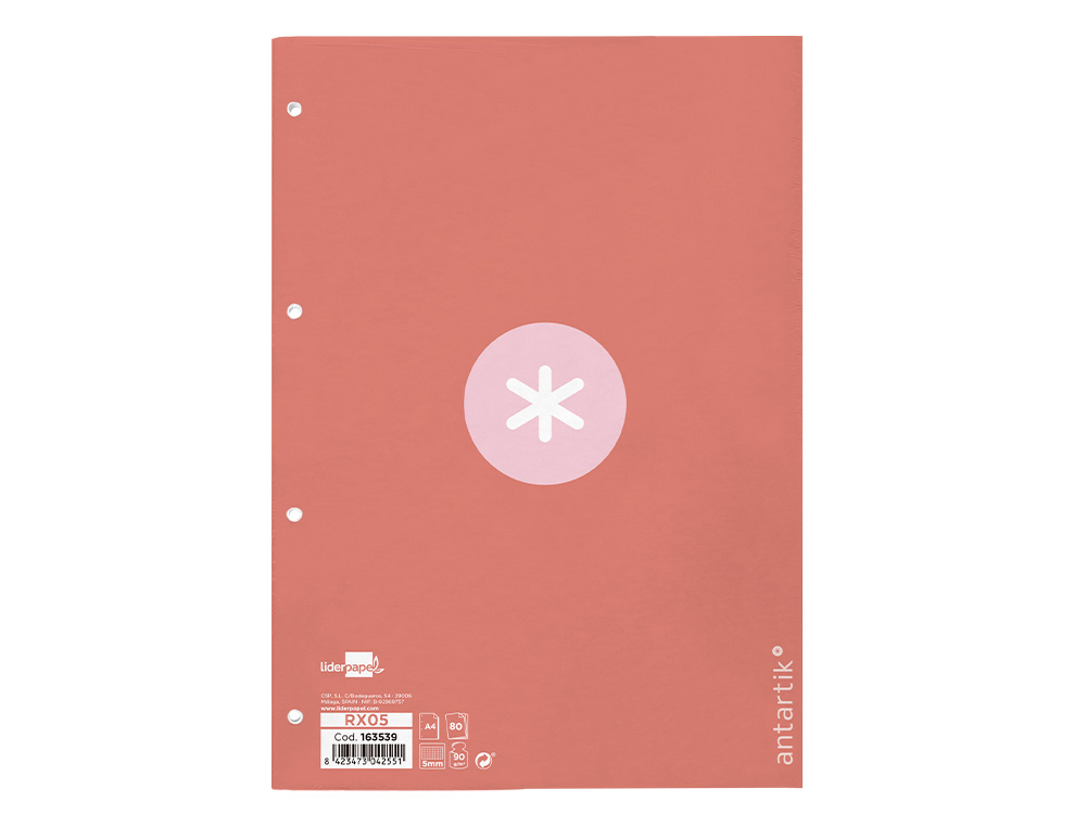 RECAMBIO A4 ANTARTIK 80 HOJAS 90G/M2 CUADRO 5 MM 4 TALADROS 1 BANDA MARCO COLOR ROSA