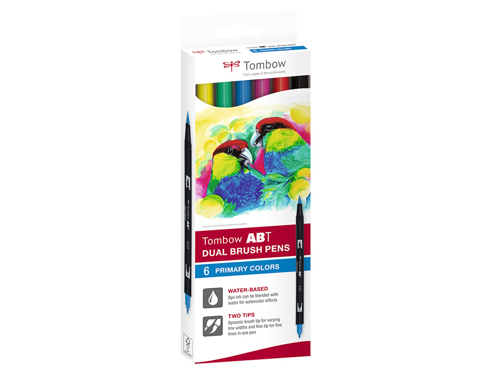 ROTULADOR TOMBOW ABT DUAL BRUSH ACUARELABLE DOBLE PUNTA FINA/PINCEL ESTUCHE DE 6 COLORES PRIMARIOS