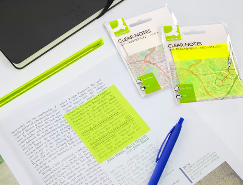 BLOC DE NOTAS ADHESIVAS QUITA Y PON Q-CONNECT 76X76 MM REMOVIBLE PLASTICO TRANSLUCIDO AMARILLO NEON CON 50 HOJAS