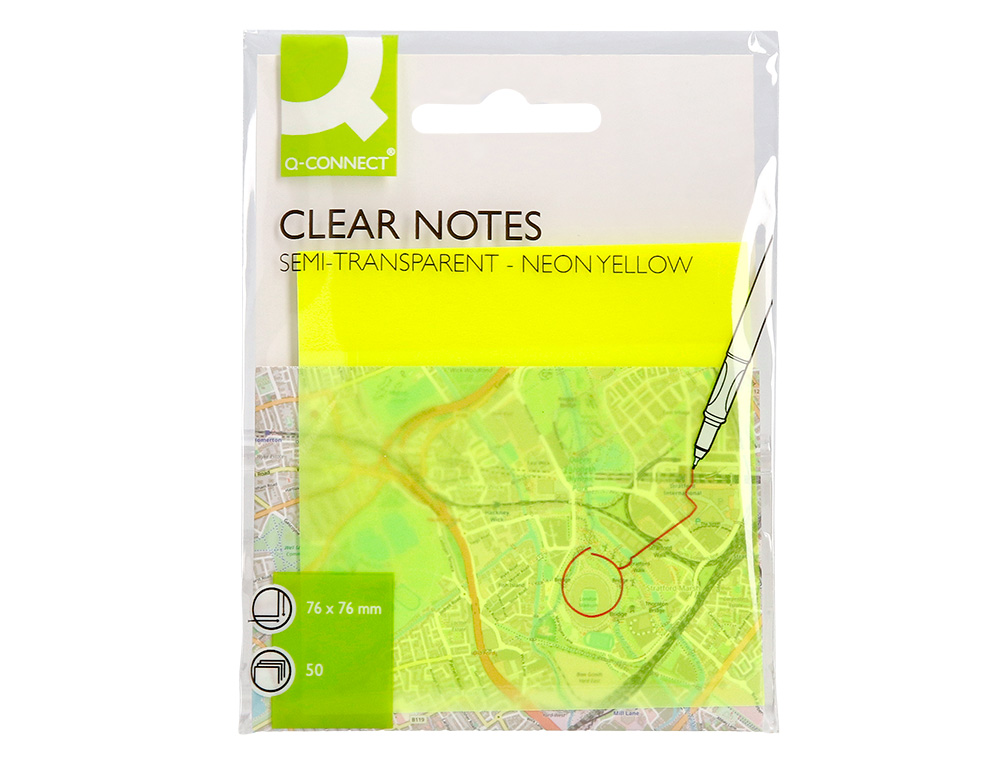 BLOC DE NOTAS ADHESIVAS QUITA Y PON Q-CONNECT 76X76 MM REMOVIBLE PLASTICO TRANSLUCIDO AMARILLO NEON CON 50 HOJAS