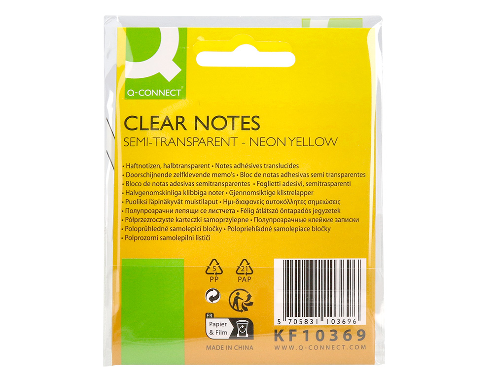 BLOC DE NOTAS ADHESIVAS QUITA Y PON Q-CONNECT 76X76 MM REMOVIBLE PLASTICO TRANSLUCIDO AMARILLO NEON CON 50 HOJAS