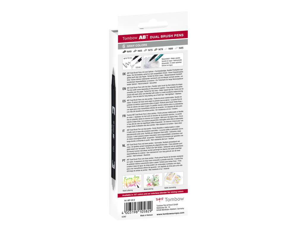 ROTULADOR TOMBOW ABT DUAL BRUSH ACUARELABLE DOBLE PUNTA FINA/PINCEL ESTUCHE DE 6 COLORES GAMA GRISES