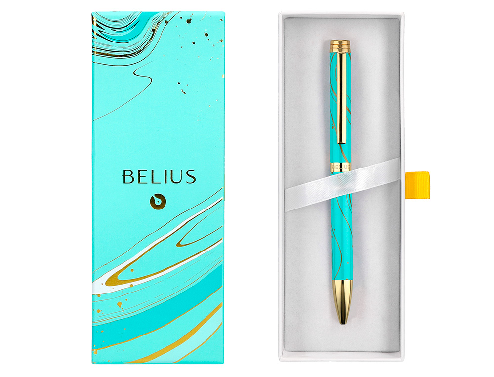 BOLIGRAFO BELIUS AQUA ALUMINIO COLOR TURQUESA Y DORADO TINTA AZUL CAJA DE DISEO