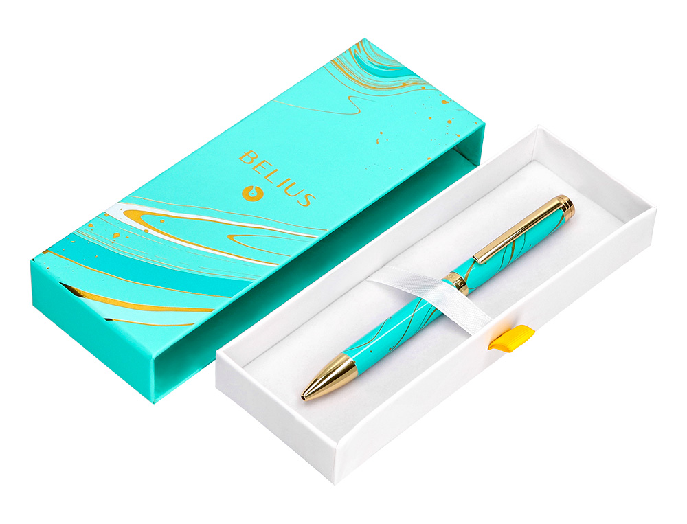 BOLIGRAFO BELIUS AQUA ALUMINIO COLOR TURQUESA Y DORADO TINTA AZUL CAJA DE DISEO