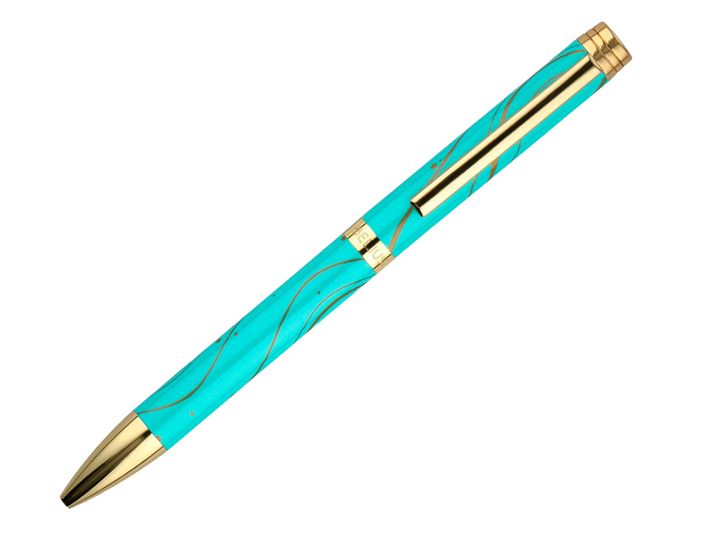 BOLIGRAFO BELIUS AQUA ALUMINIO COLOR TURQUESA Y DORADO TINTA AZUL CAJA DE DISEO