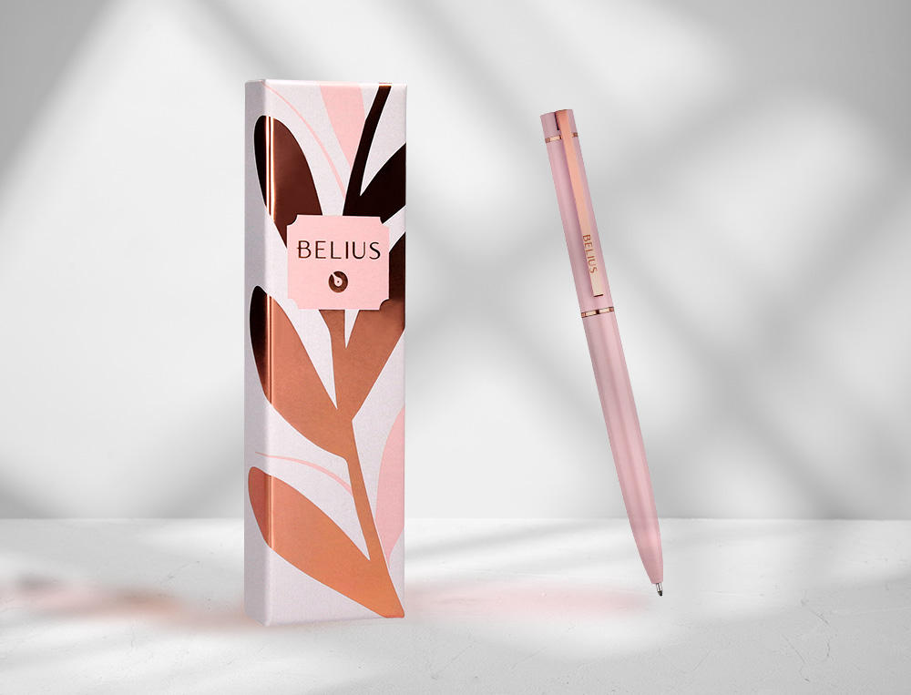 BOLIGRAFO BELIUS ROSE ALUMINIO COLOR ROSA/ORO ROSA TINTA AZUL CAJA DE DISEÑO