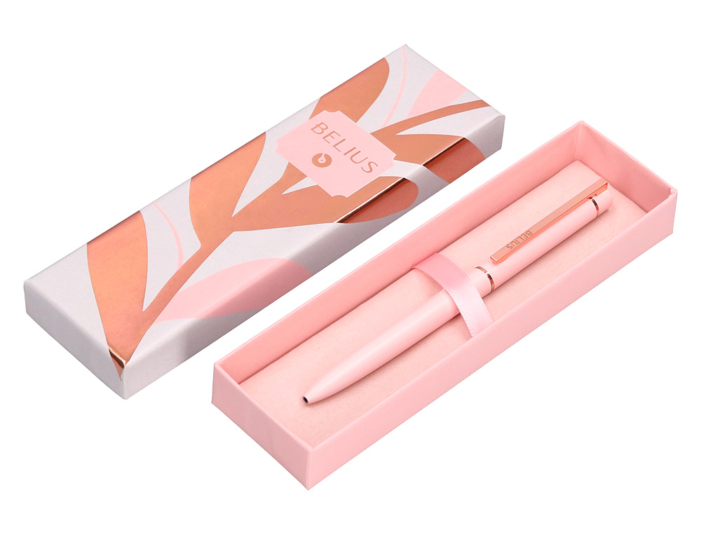 BOLIGRAFO BELIUS ROSE ALUMINIO COLOR ROSA/ORO ROSA TINTA AZUL CAJA DE DISEÑO