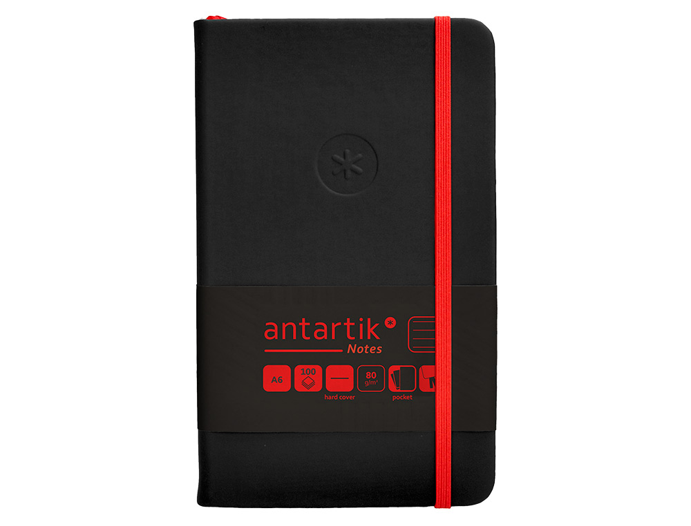 CUADERNO CON GOMILLA ANTARTIK NOTES TAPA DURA A6 HOJAS RAYAS NEGRO Y ROJO 100 HOJAS 80 GR FSC