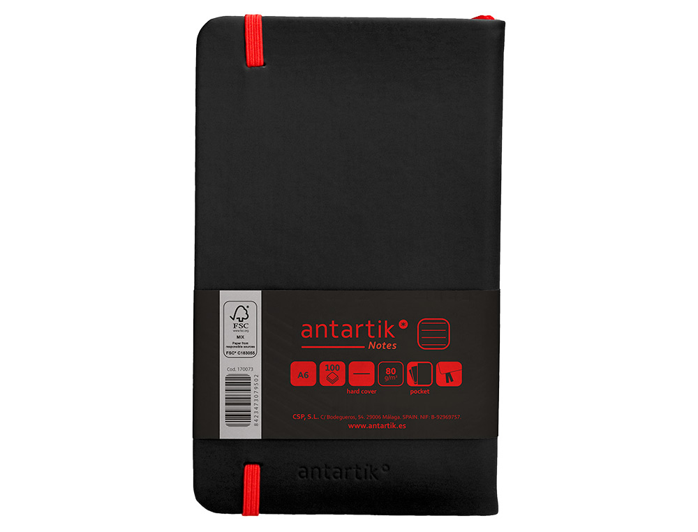 CUADERNO CON GOMILLA ANTARTIK NOTES TAPA DURA A6 HOJAS RAYAS NEGRO Y ROJO 100 HOJAS 80 GR FSC