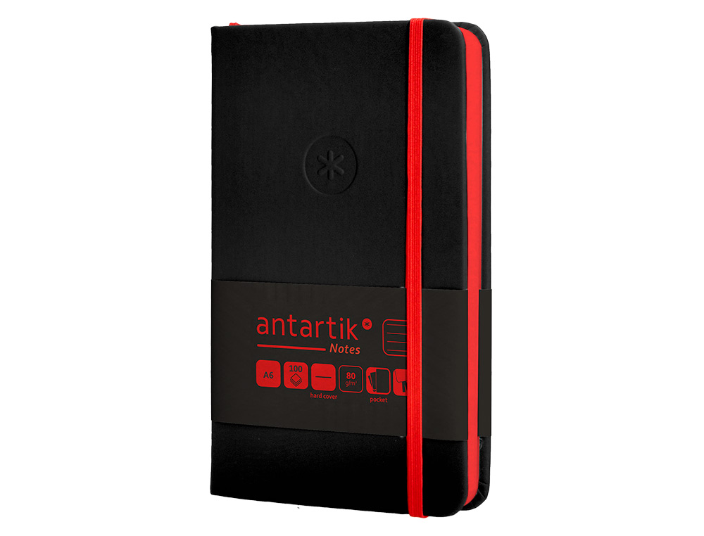 CUADERNO CON GOMILLA ANTARTIK NOTES TAPA DURA A6 HOJAS RAYAS NEGRO Y ROJO 100 HOJAS 80 GR FSC