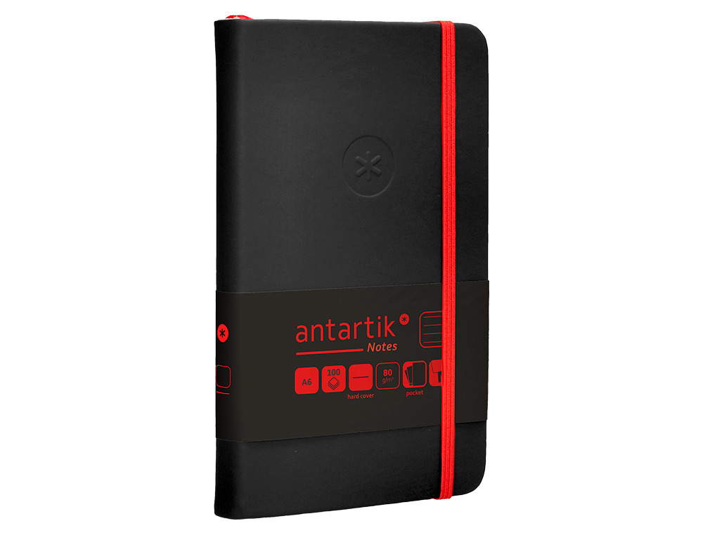 CUADERNO CON GOMILLA ANTARTIK NOTES TAPA DURA A6 HOJAS RAYAS NEGRO Y ROJO 100 HOJAS 80 GR FSC