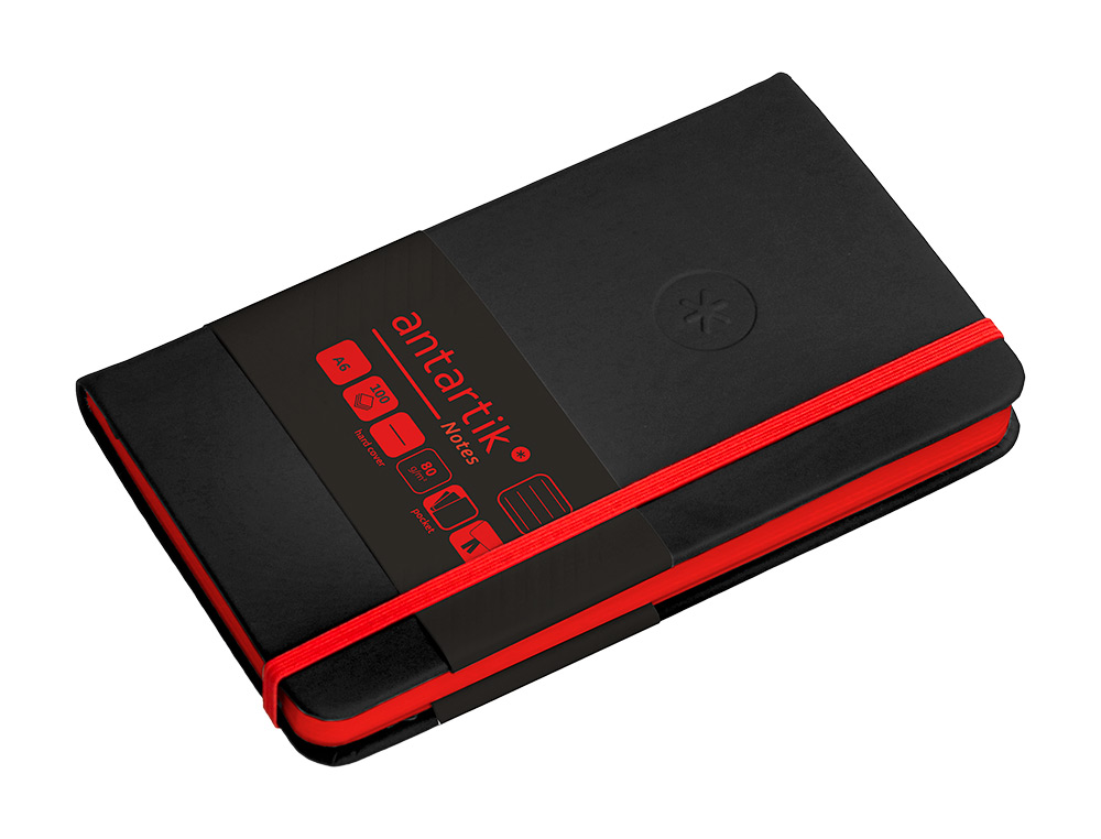CUADERNO CON GOMILLA ANTARTIK NOTES TAPA DURA A6 HOJAS RAYAS NEGRO Y ROJO 100 HOJAS 80 GR FSC