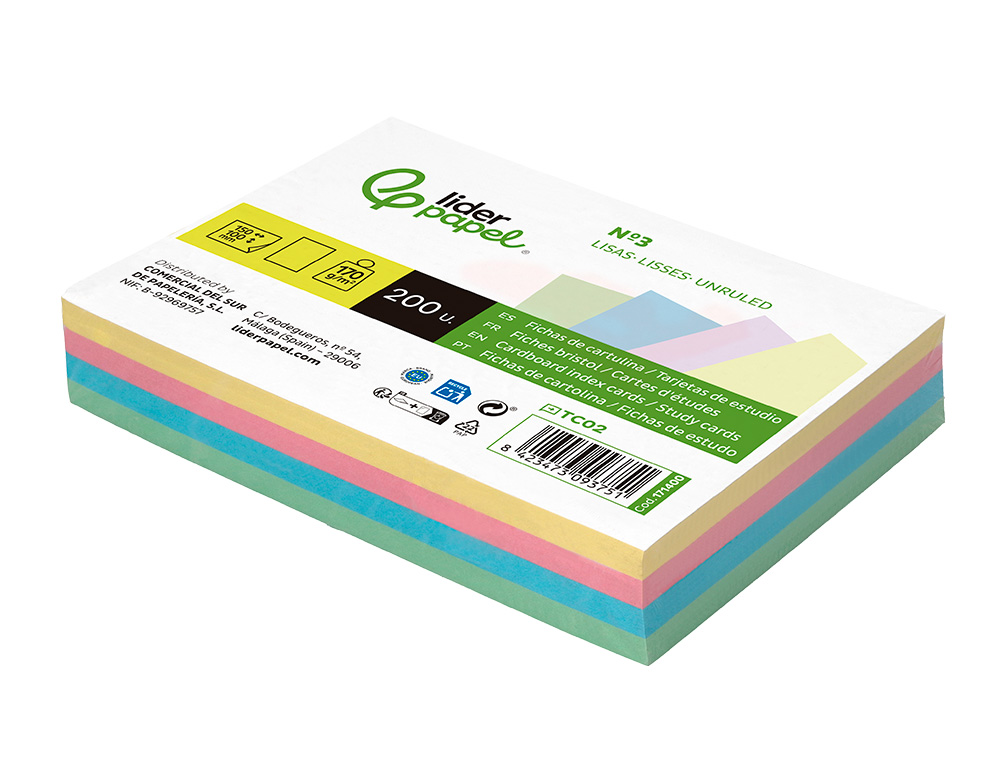 TARJETA LIDERPAPEL PARA ESTUDIAR LISA CARTULINA DE COLORES 170 GR/M2 100X150MM PAQUETE DE 200 UNIDADES