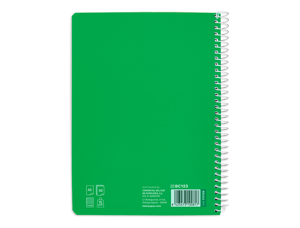 CUADERNO ESPIRAL LIDERPAPEL DIN A5 PAUTAGUIA TAPA BLANDA 40 H 75 GR CUADRO PAUTADO 5MM COLOR VERDE