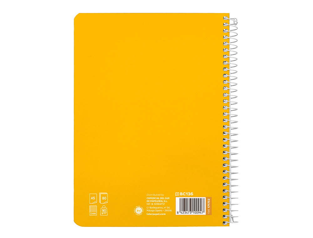 CUADERNO ESPIRAL LIDERPAPEL A5 PAUTAGUIA TAPA DURA 80H 90 GR CUADRO PAUTADO 5MM COLOR AMARILLO