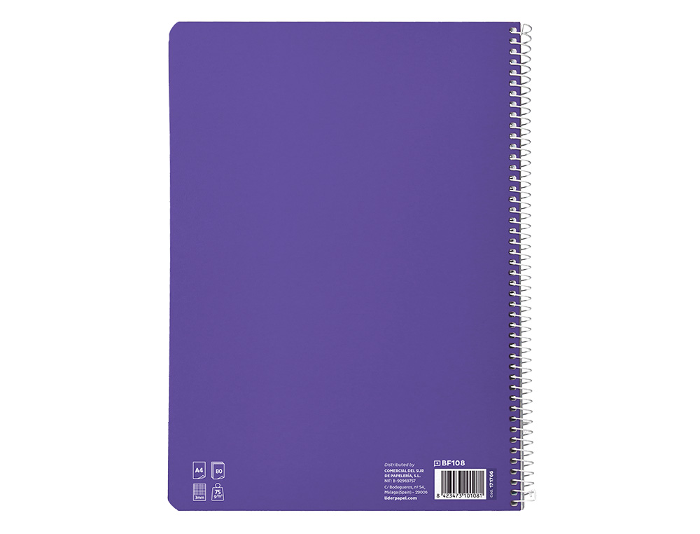 CUADERNO ESPIRAL LIDERPAPEL A4 PAUTAGUIA TAPA BLANDA 80H 75 GR CUADRO PAUTADO 3MM COLOR LILA