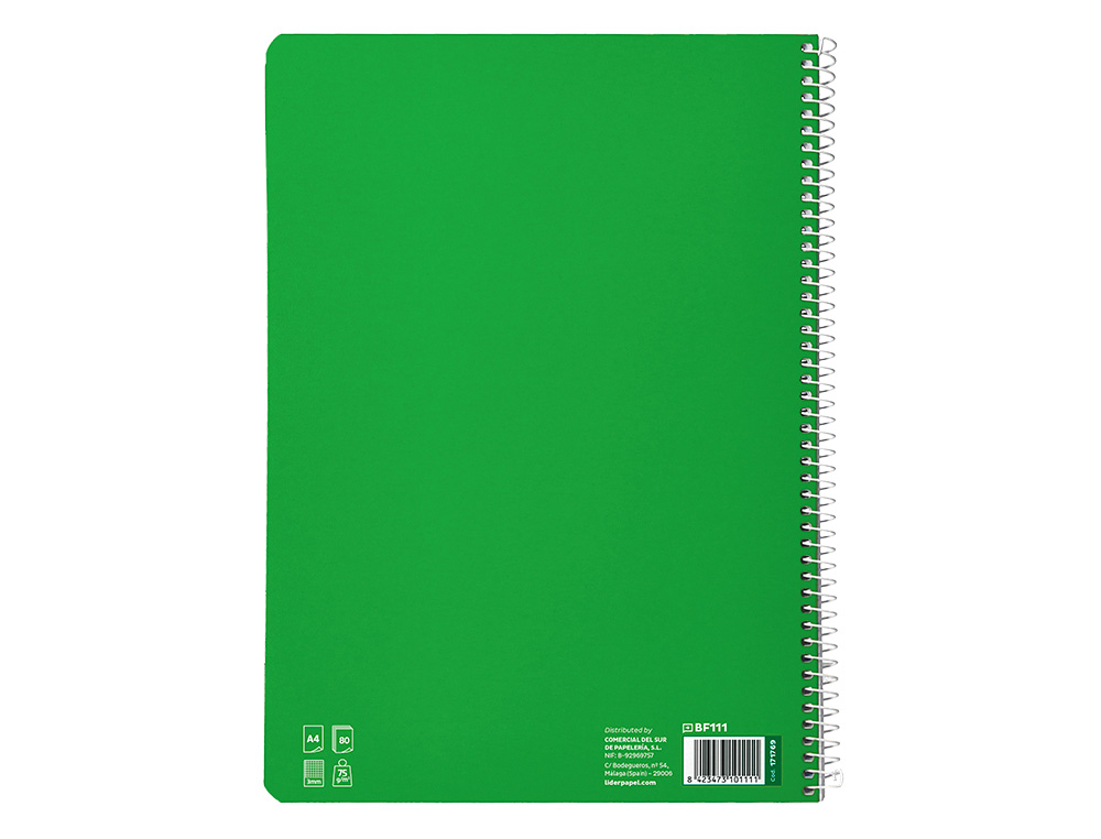 CUADERNO ESPIRAL LIDERPAPEL A4 PAUTAGUIA TAPA BLANDA 80H 75 GR CUADRO PAUTADO 3MM COLOR VERDE