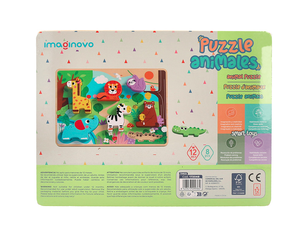PUZLE INFANTIL IMAGINOVO MADERA 3D ANIMALES +12 MESES 8 PIEZAS 29,5X22X1,7CM