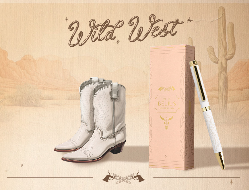 BOLIGRAFO BELIUS WILD WEST ALUMINIO COLOR CREMA DORADO TINTA COLOR AZUL CAJA DE DISEÑO