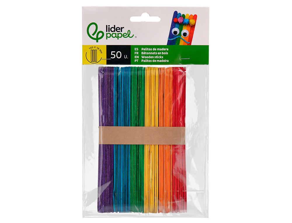 PALITOS DE MADERA LIDERPAPEL COLORES SURTIDOS 15X1,8 CM BOLSA CON 50 UNIDADES