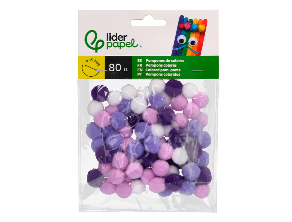 POMPONES DE COLORES LIDERPAPEL 1,5 CM TONALIDADES VIOLETA BOLSA CON 80 UNIDADES