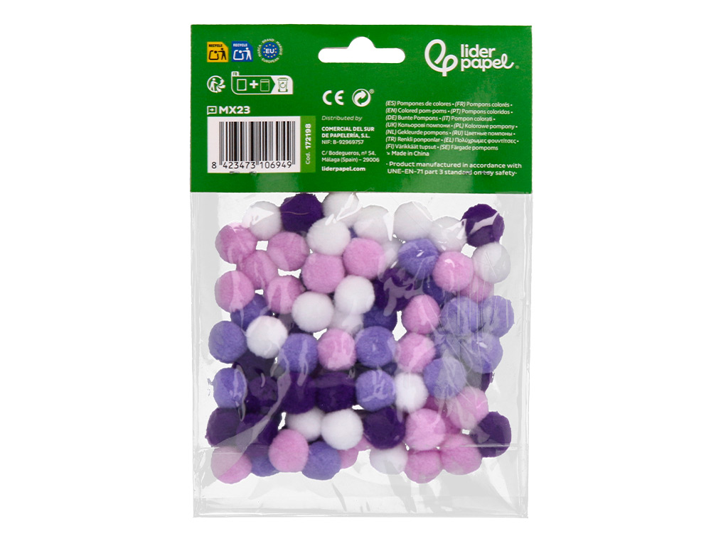 POMPONES DE COLORES LIDERPAPEL 1,5 CM TONALIDADES VIOLETA BOLSA CON 80 UNIDADES