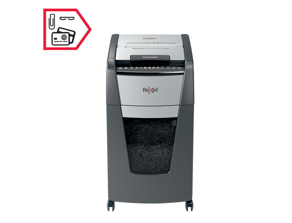 DESTRUCTORA DE DOCUMENTOS REXEL OPTIMUM AUTO+ 300M CAPACIDAD DE CORTE 300 HOJAS DESTRUYE GRAPAS CLIPS Y