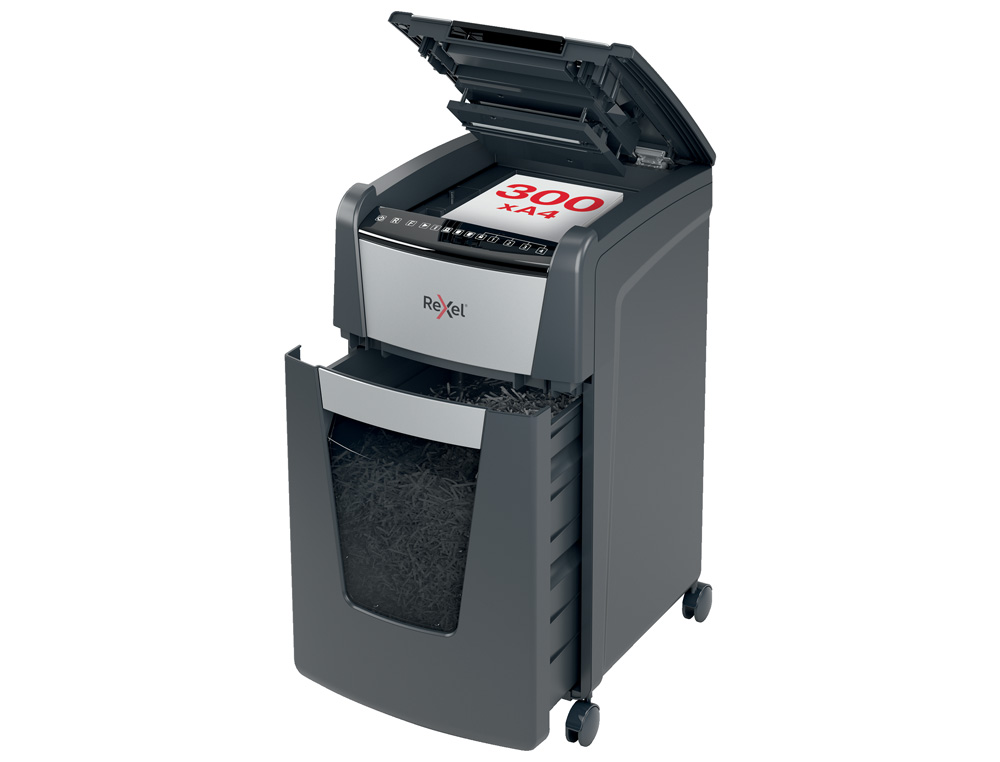 DESTRUCTORA DE DOCUMENTOS REXEL OPTIMUM AUTO+ 300M CAPACIDAD DE CORTE 300 HOJAS DESTRUYE GRAPAS CLIPS Y