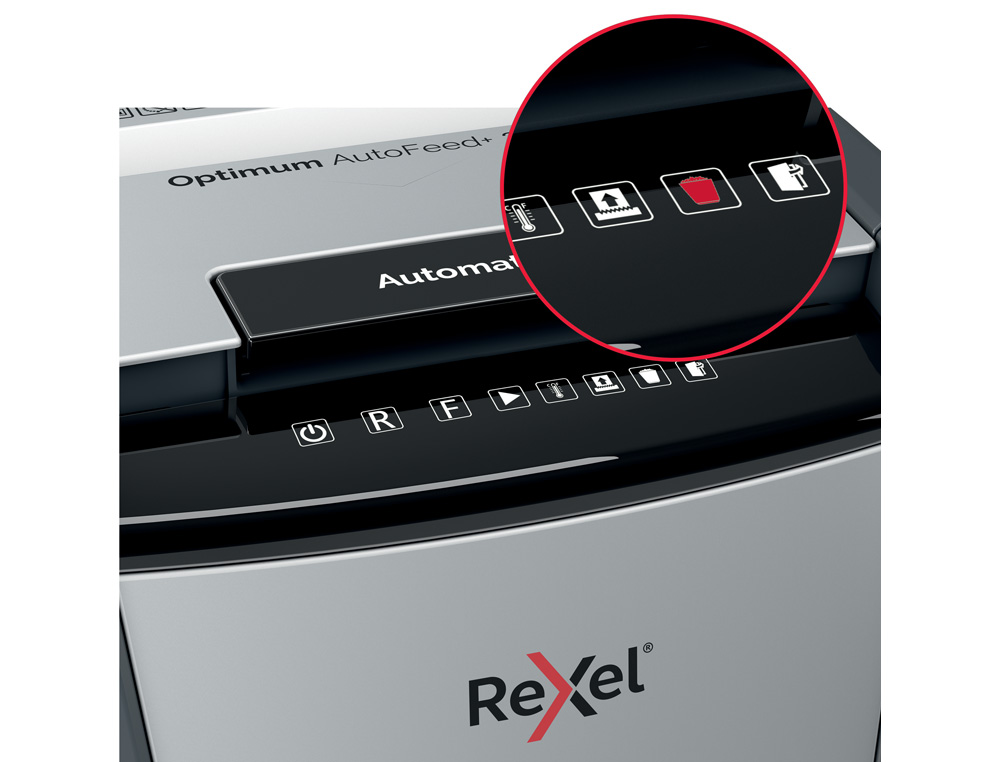 DESTRUCTORA DE DOCUMENTOS REXEL OPTIMUM AUTO+ 300M CAPACIDAD DE CORTE 300 HOJAS DESTRUYE GRAPAS CLIPS Y