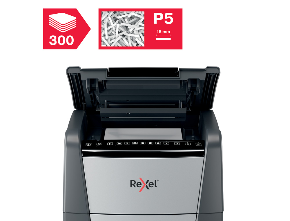 DESTRUCTORA DE DOCUMENTOS REXEL OPTIMUM AUTO+ 300M CAPACIDAD DE CORTE 300 HOJAS DESTRUYE GRAPAS CLIPS Y