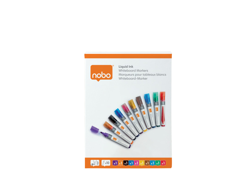 ROTULADOR NOBO PARA PIZARRA BLANCA TINTA LIQUIDA PUNTA CONICA 3 MM COLORES SURTIDOS CAJA DE 10 UNIDADES