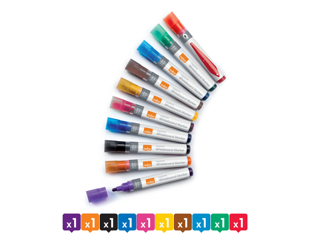 ROTULADOR NOBO PARA PIZARRA BLANCA TINTA LIQUIDA PUNTA CONICA 3 MM COLORES SURTIDOS CAJA DE 10 UNIDADES