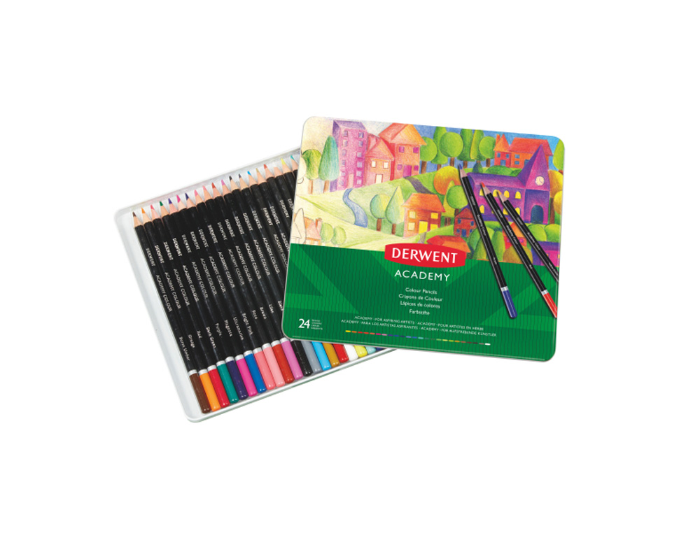 LAPICES DE COLORES DERWENT MADERA NATURAL CAJA METALICA 24 UNIDADES COLORES SURTIDOS