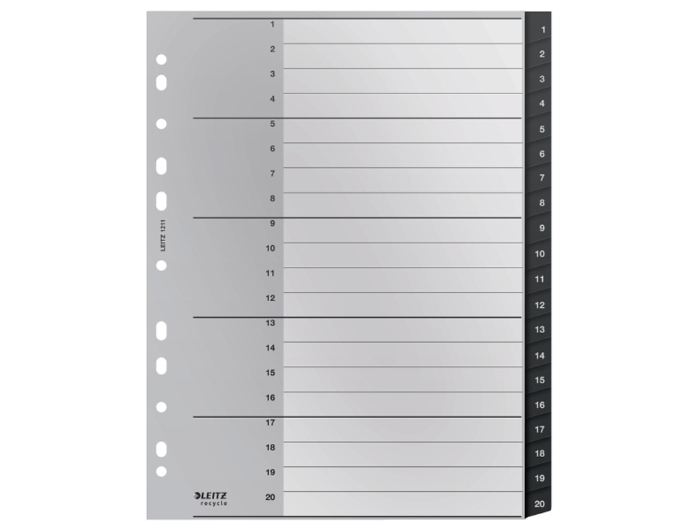 SEPARADOR NUMERICO LEITZ RECYCLE PLASTICO 1-20 JUEGO DE 20 SEPARADORES DIN A4+ COLOR NEGRO