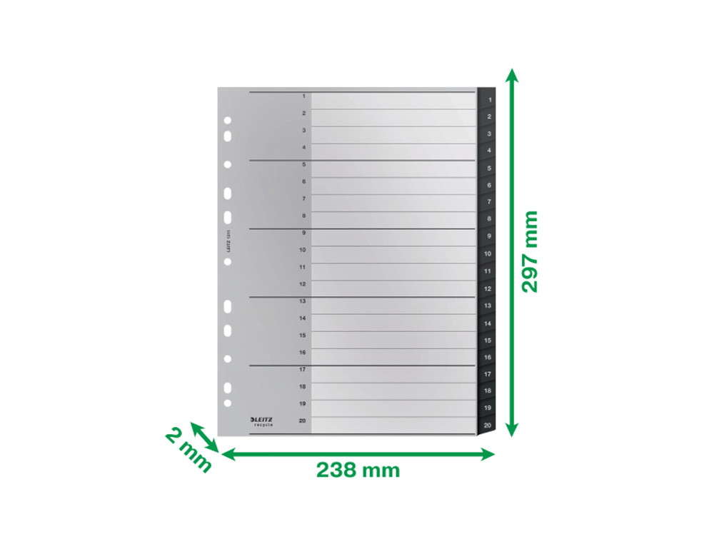 SEPARADOR NUMERICO LEITZ RECYCLE PLASTICO 1-20 JUEGO DE 20 SEPARADORES DIN A4+ COLOR NEGRO