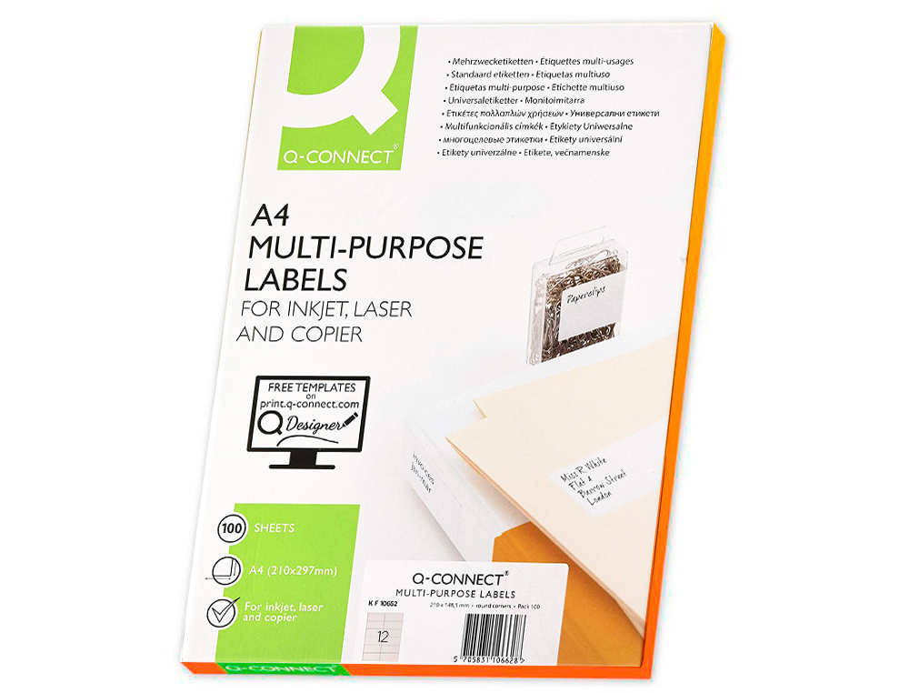 ETIQUETA ADHESIVA Q-CONNECT KF10657 TAMAO 105X48 MM FOTOCOPIADORA LASER INK-JET CAJA CON 100 HOJAS DIN A4