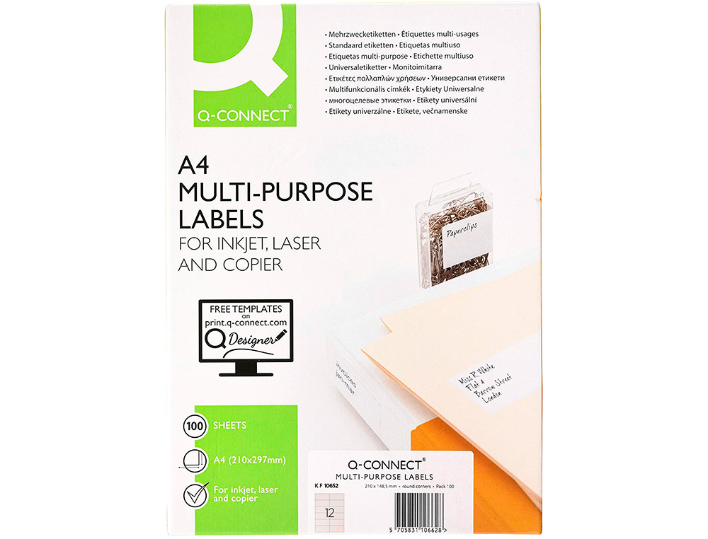 ETIQUETA ADHESIVA Q-CONNECT KF10657 TAMAO 105X48 MM FOTOCOPIADORA LASER INK-JET CAJA CON 100 HOJAS DIN A4