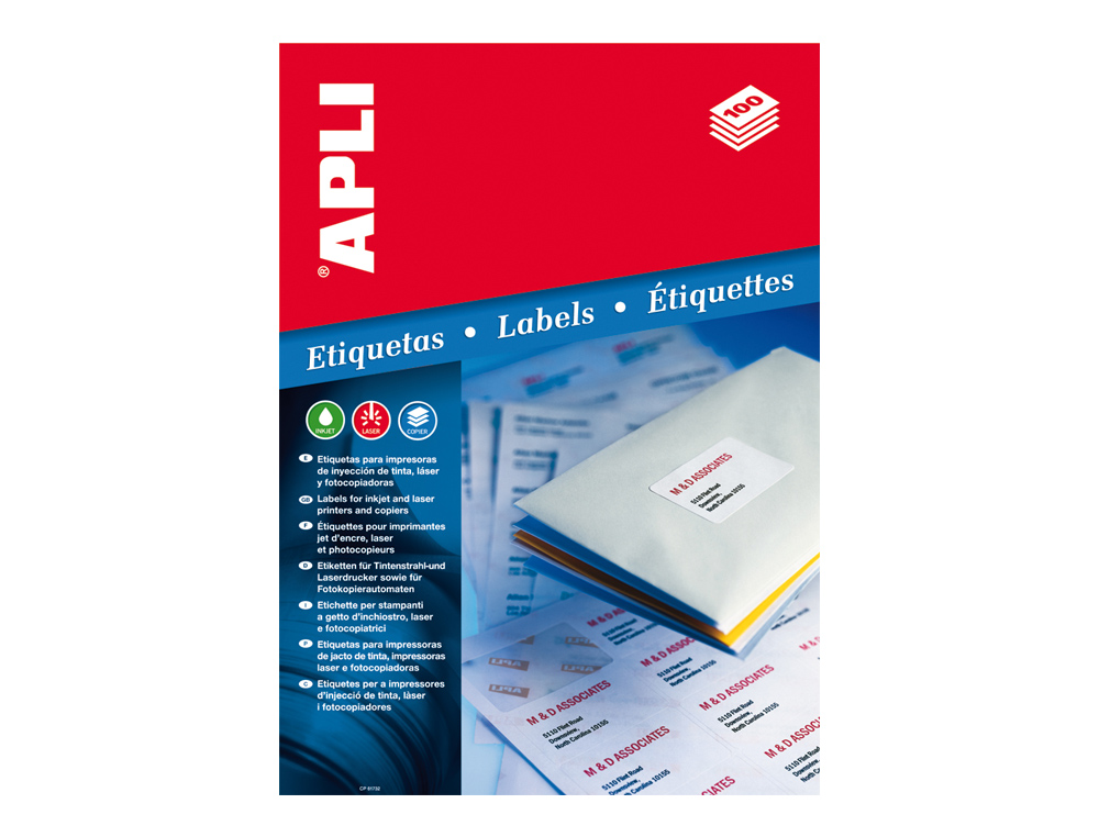 ETIQUETA ADHESIVA APLI 1280 TAMAO 105X148 MM PARA FOTOCOPIADORA LASER INK-JET CAJA CON 100 HOJAS DIN A4