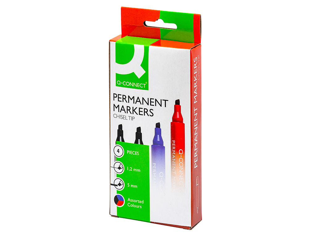 ROTULADOR Q-CONNECT MARCADOR PERMANENTE ESTUCHE DE 4 COLORES SURTIDOS PUNTA BISELADA 5 MM