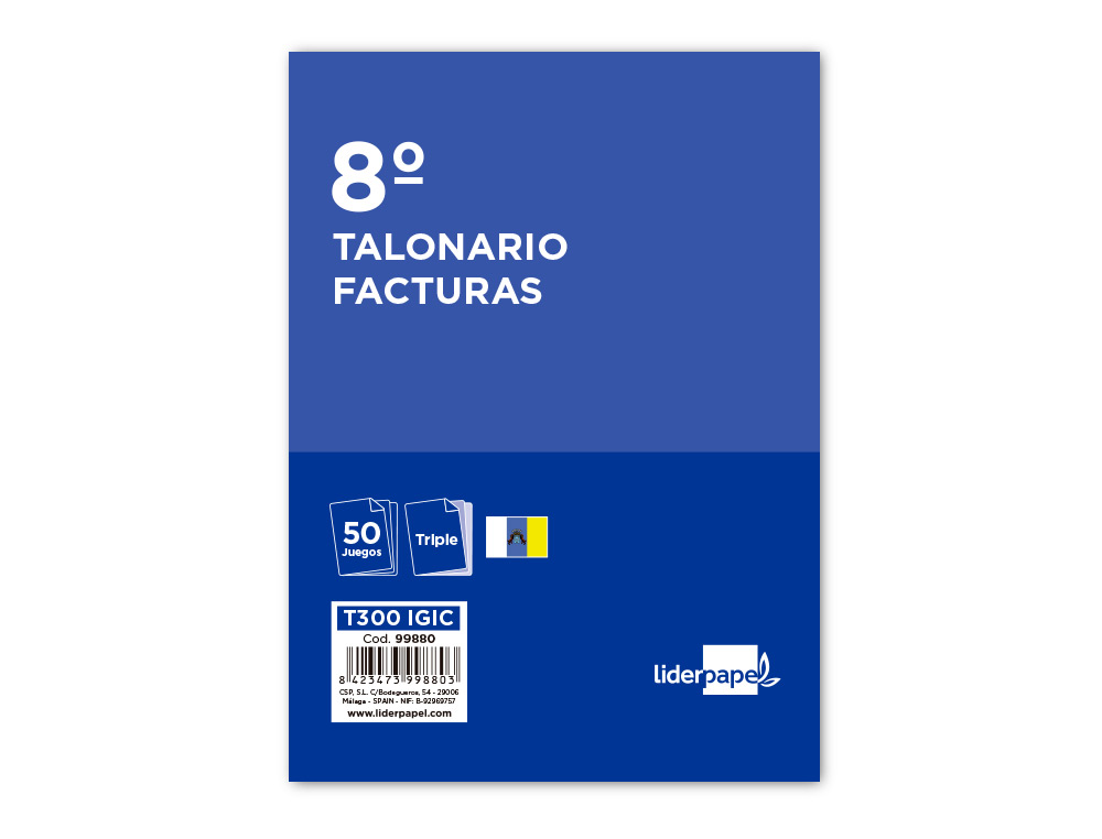 TALONARIO LIDERPAPEL FACTURAS 8º ORIGINAL Y 2 COPIAS T300 CON I.G.I.C.
