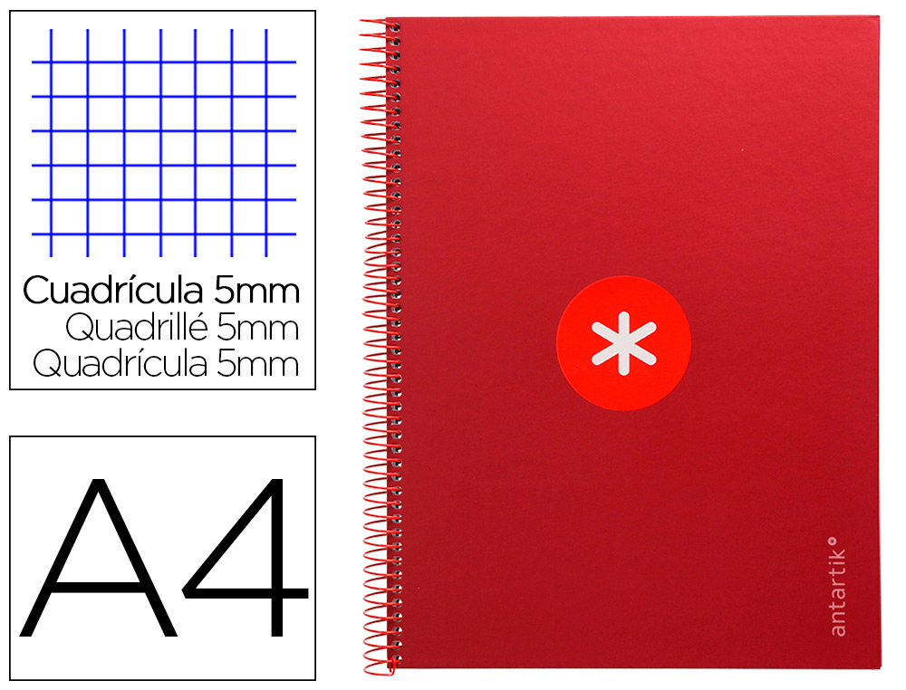 CUADERNO ESPIRAL A4 MICRO ANTARTIK TAPA FORRADA 80H 90 GR CUADRO 5MM 1 BANDA 4 TALADROS FRAMBUESA