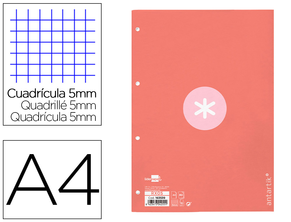 RECAMBIO A4 ANTARTIK 80 HOJAS 90G/M2 CUADRO 5 MM 4 TALADROS 1 BANDA MARCO COLOR ROSA