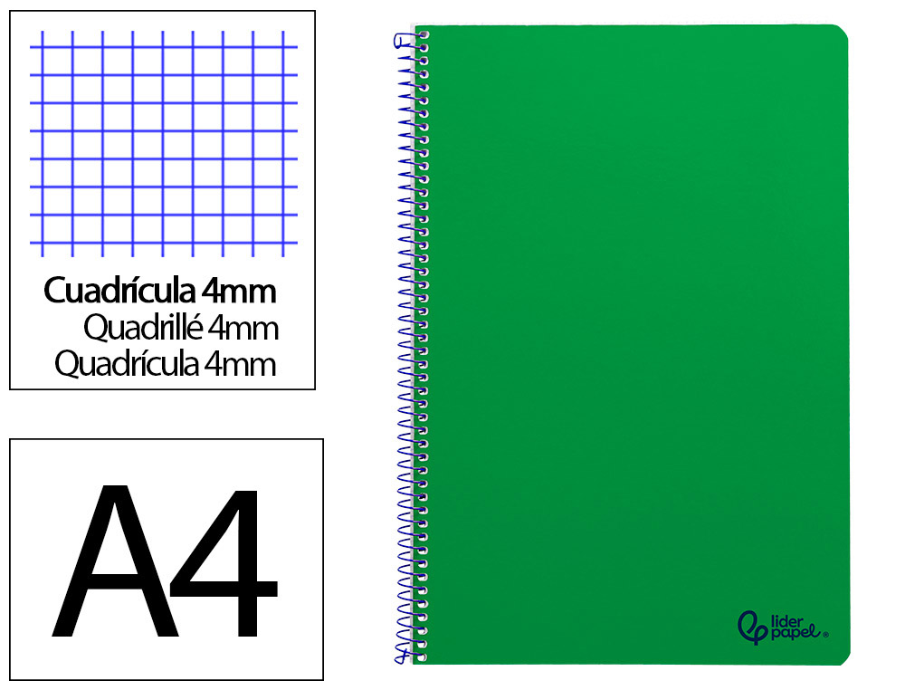 CUADERNO ESPIRAL LIDERPAPEL A4 SMART TAPA BLANDA 80H 75GR CUADRO 4MM CON MARGEN COLOR VERDE